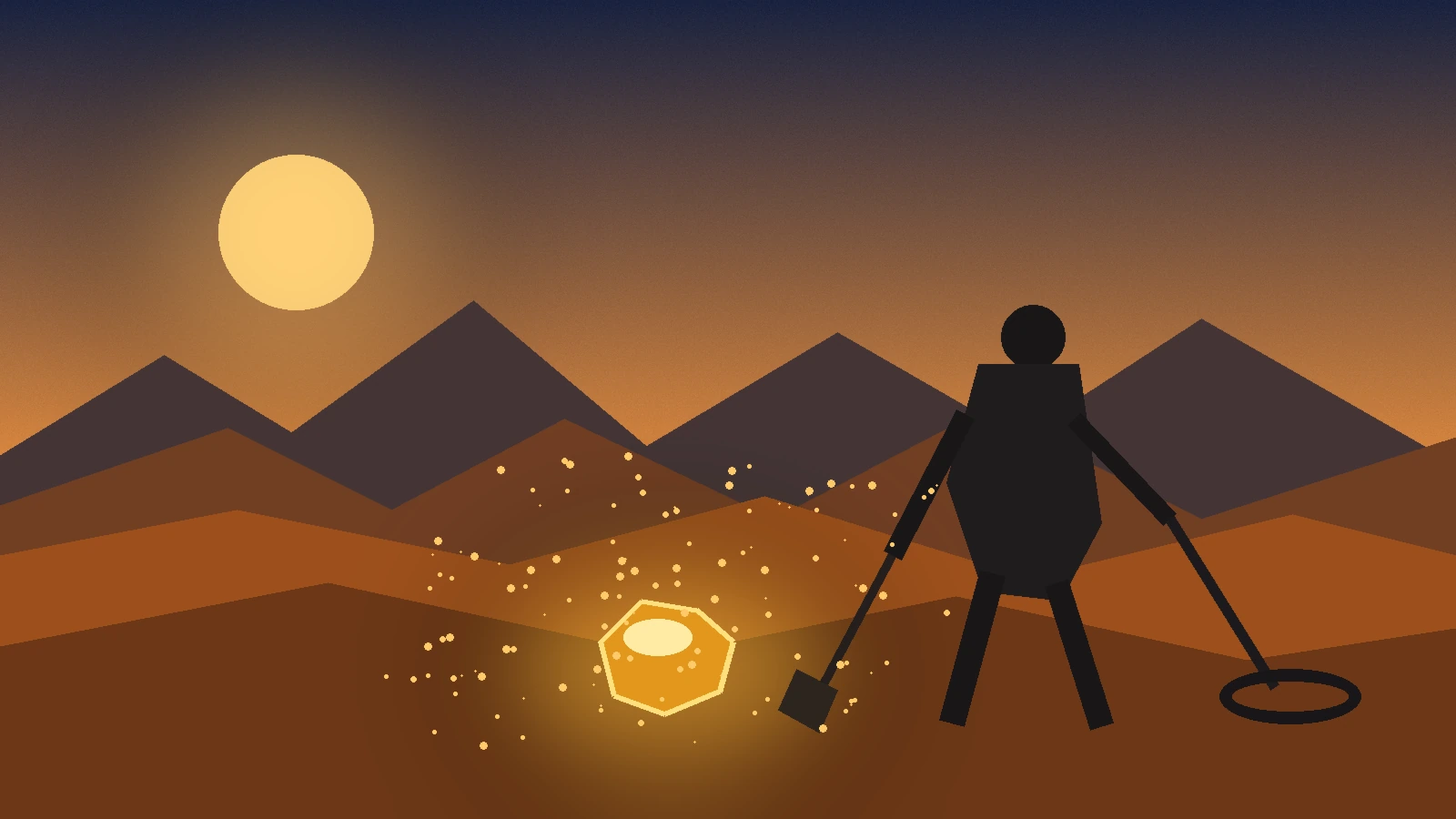 Ilustrație a descoperirii unei pepite de aur cu un detector de metale în deșertul Sonora