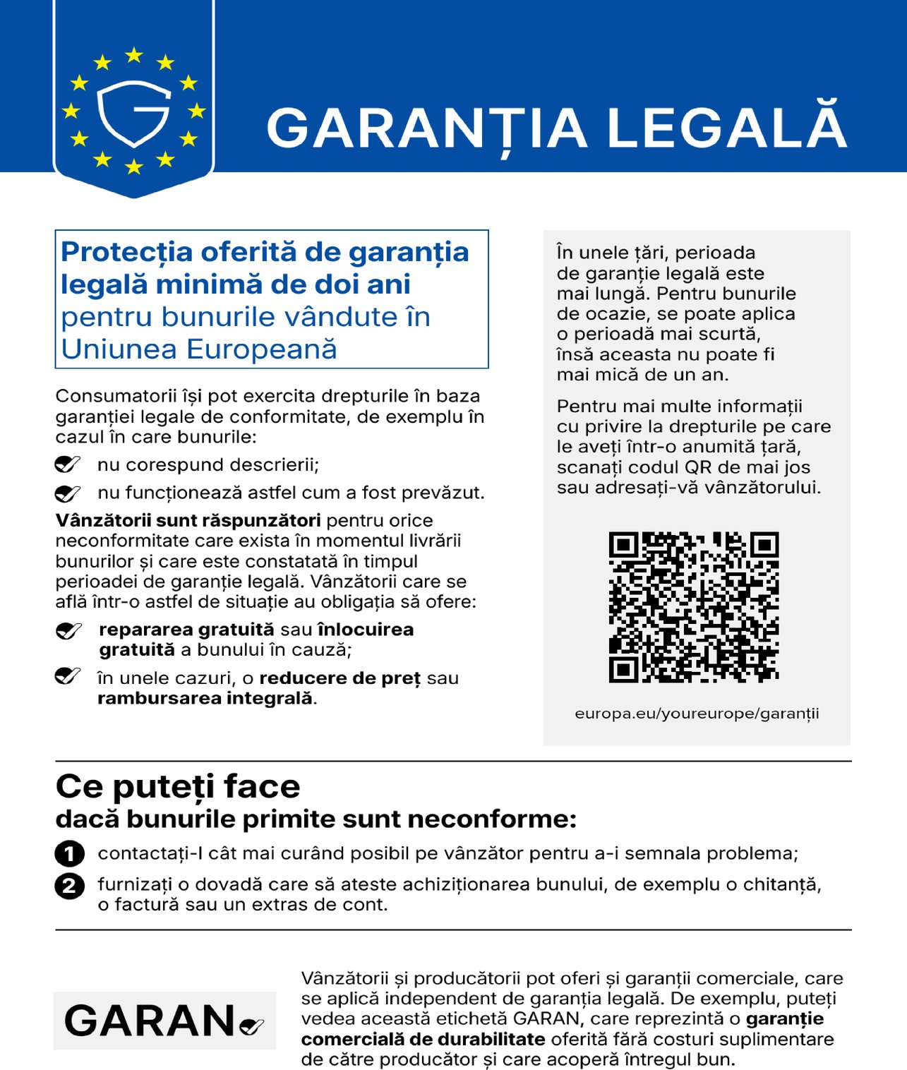 Notificare privind garanția legală de conformitate – drepturile consumatorilor în Uniunea Europeană