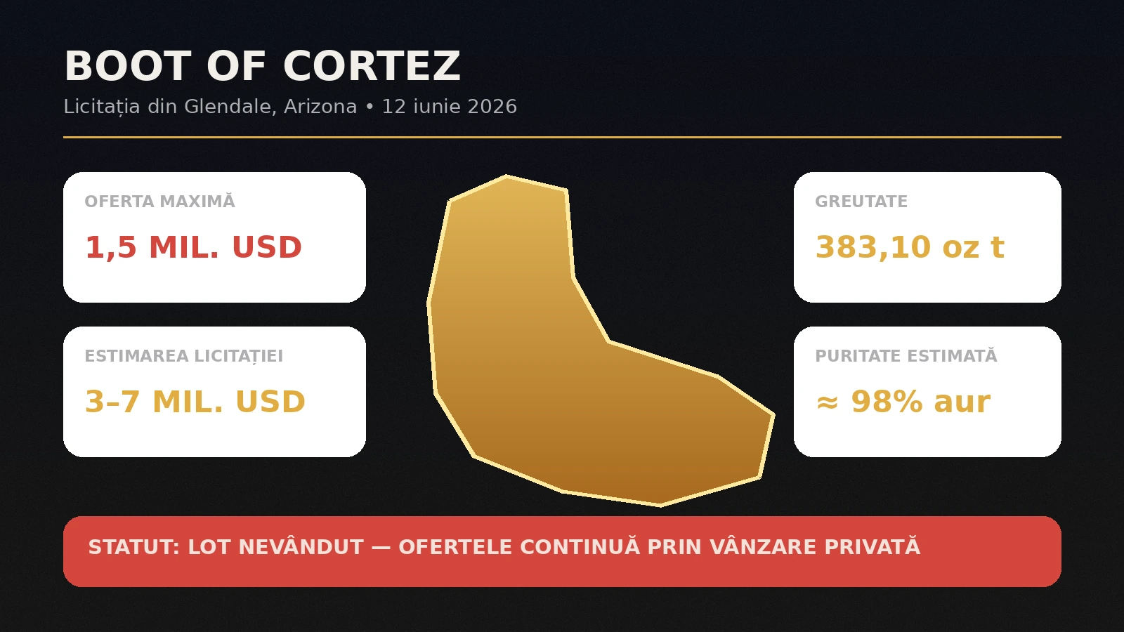 Infografic cu oferta maximă, estimarea, greutatea și puritatea pepitei Boot of Cortez